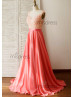 Coral Lace Chiffon Pearls Embellished Charming Prom Dress